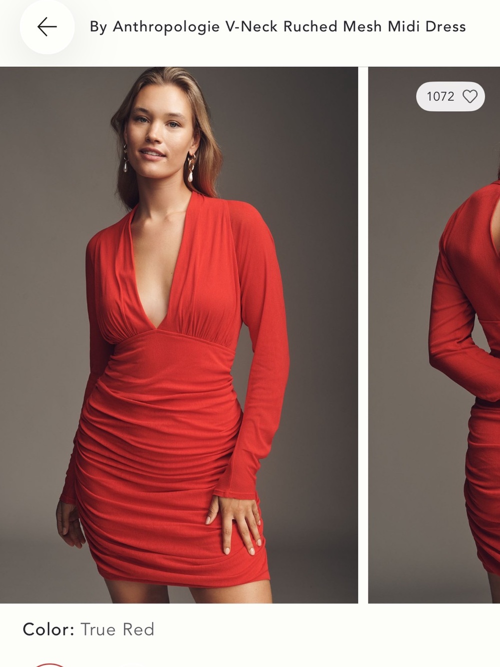 Anthropologie True Red V-Neck Ruched Mesh Midi Dress - worn once